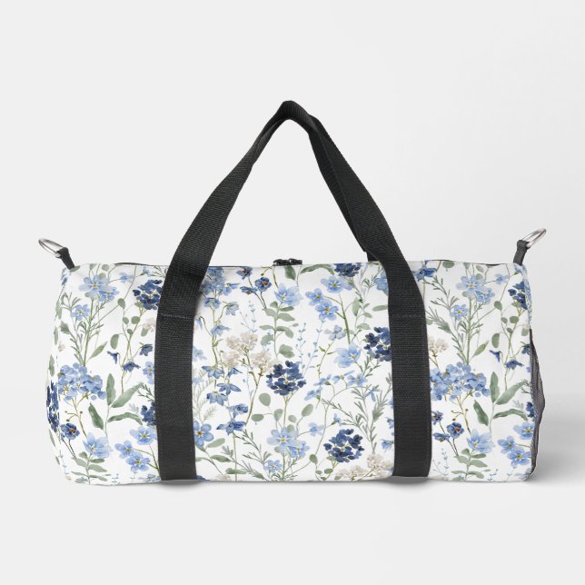 Blue Watercolor Wildflower Duffle Bag (Front)