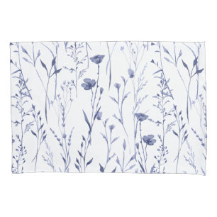Blue Watercolor Wildflower Floral Leaf Pattern Pillow Case