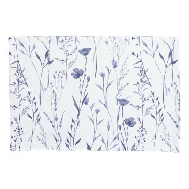Blue Watercolor Wildflower Floral Leaf Pattern Pillow Case (Front)