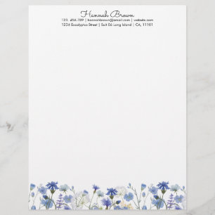 Blue Watercolor Wildflower Garden Letterhead