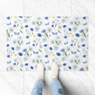 Blue Watercolor Wildflower Meadow Butterfly Doormat