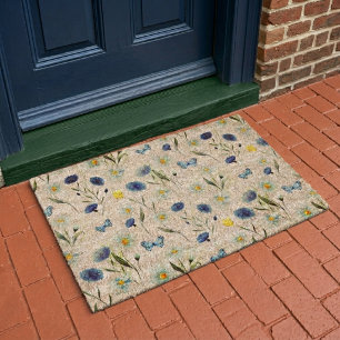 Blue Watercolor Wildflower Meadow Butterfly Fiber Doormat