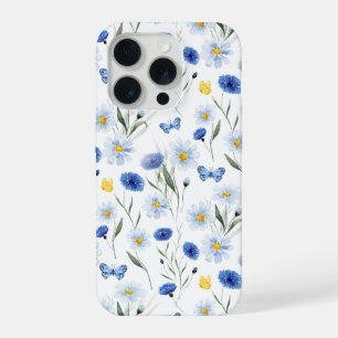 Blue Watercolor Wildflower Meadow Butterfly iPhone 15 Pro Case