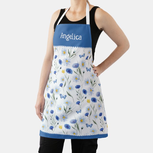 Blue Watercolor Wildflower Meadow Name Apron (Insitu)