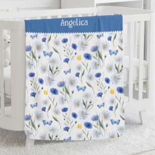 Blue Watercolor Wildflower Meadow Name Baby Blanket