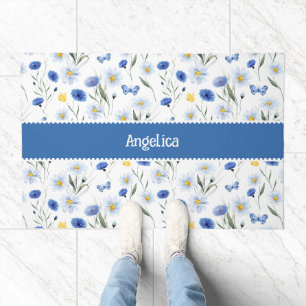 Blue Watercolor Wildflower Meadow Name Doormat