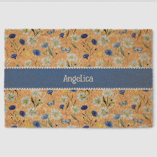 Blue Watercolor Wildflower Meadow Name Fiber Doormat