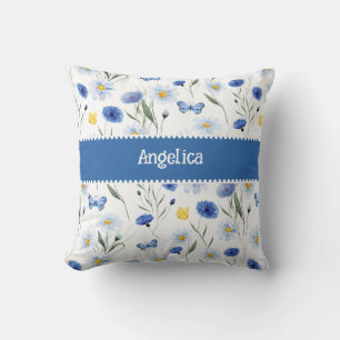 Blue Watercolor Wildflower Meadow Name Throw Pillow