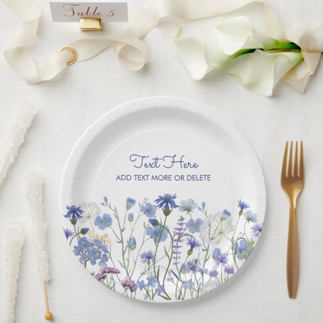 Blue Watercolor Wildflower Meadow Paper Plates (Wedding)
