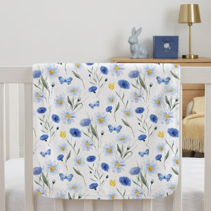 Blue Watercolor Wildflower Meadow Pattern Baby Blanket