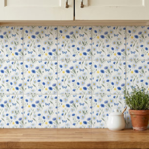 Blue Watercolor Wildflower Meadow Pattern Ceramic Tile