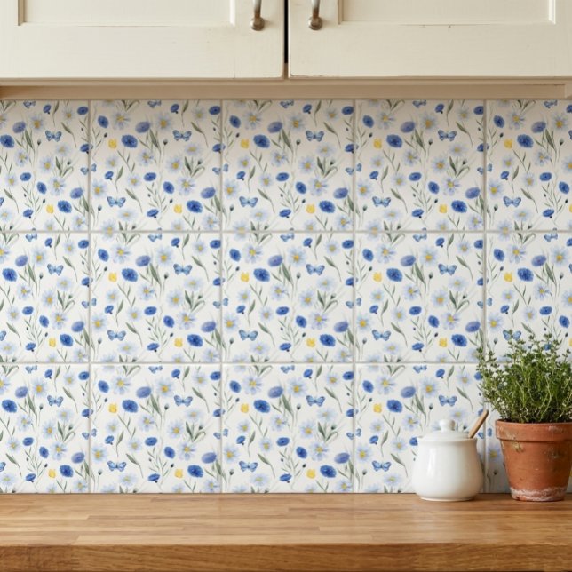 Blue Watercolor Wildflower Meadow Pattern Ceramic Tile (Creator Uploaded)