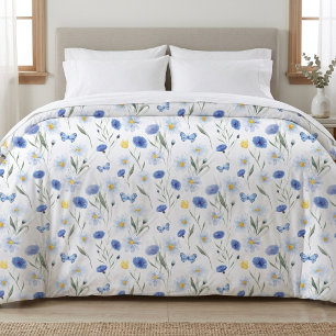 Blue Watercolor Wildflower Meadow Pattern Duvet Cover