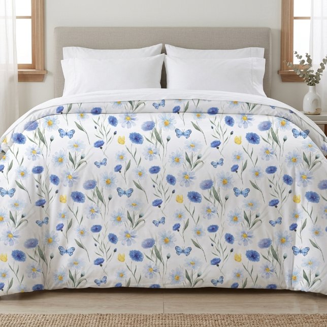 Blue Watercolor Wildflower Meadow Pattern Duvet Cover (Creator Uploaded)