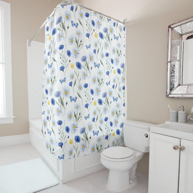Blue Watercolor Wildflower Meadow Pattern Shower Curtain (In Situ)