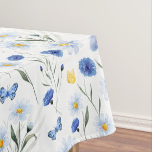 Blue Watercolor Wildflower Meadow Pattern Tablecloth