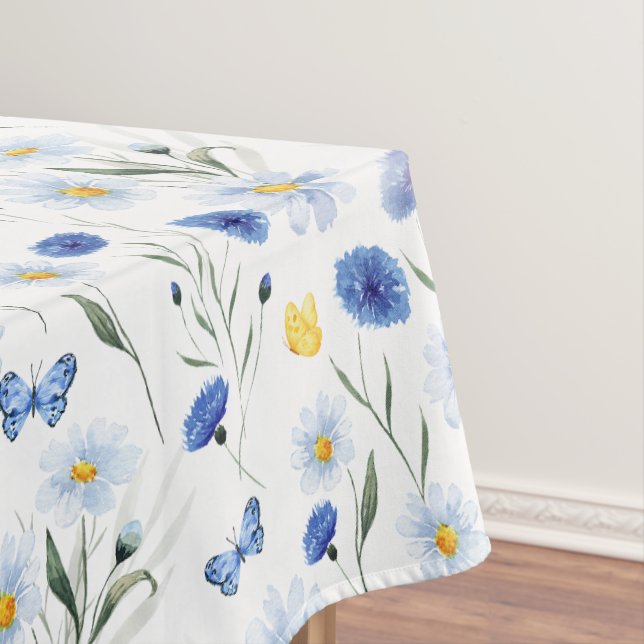 Blue Watercolor Wildflower Meadow Pattern Tablecloth (In Situ)
