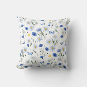 Blue Watercolor Wildflower Meadow Pattern Throw Pillow