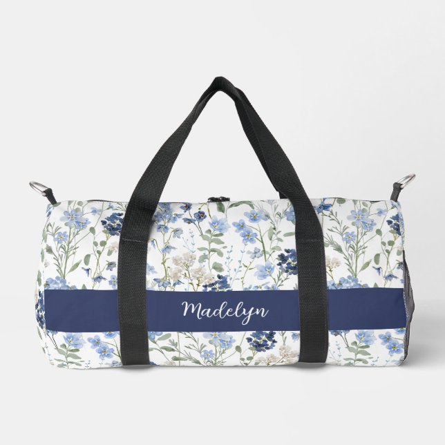 Blue Watercolor Wildflower Monogram Duffle Bag (Front)