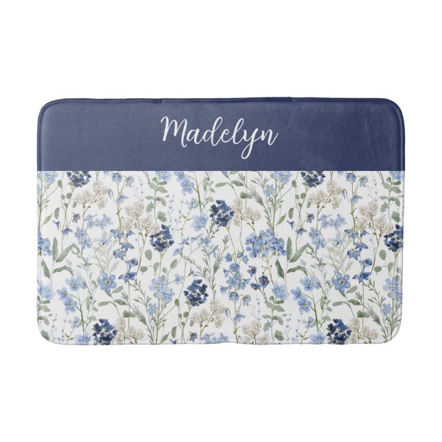 Blue Watercolor Wildflower Monogram Name Bath Mat (Front)