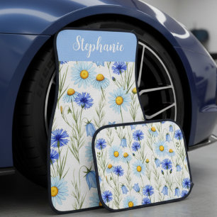 Blue Watercolor Wildflower Monogram Name Car Floor Mat