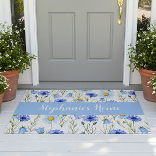 Blue Watercolor Wildflower Monogram Name Doormat