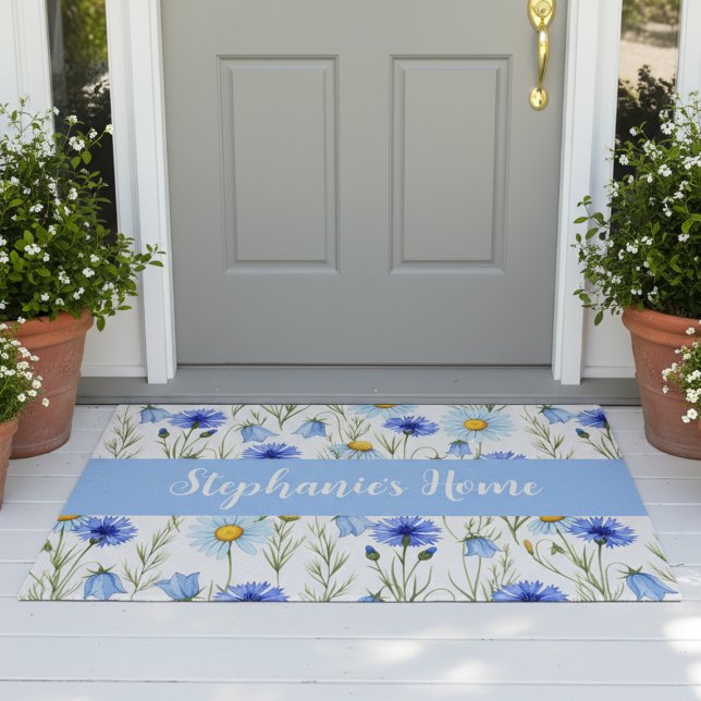 Blue Watercolor Wildflower Monogram Name Doormat (Creator Uploaded)