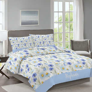Blue Watercolor Wildflower Monogram Name Duvet Cover
