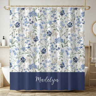 Blue Watercolor Wildflower Monogram Name Shower Curtain