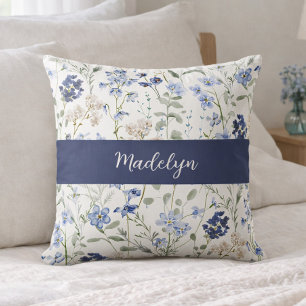 Blue Watercolor Wildflower Monogram Name Throw Pillow