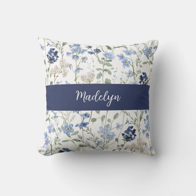 Blue Watercolor Wildflower Monogram Name Throw Pillow (Front)