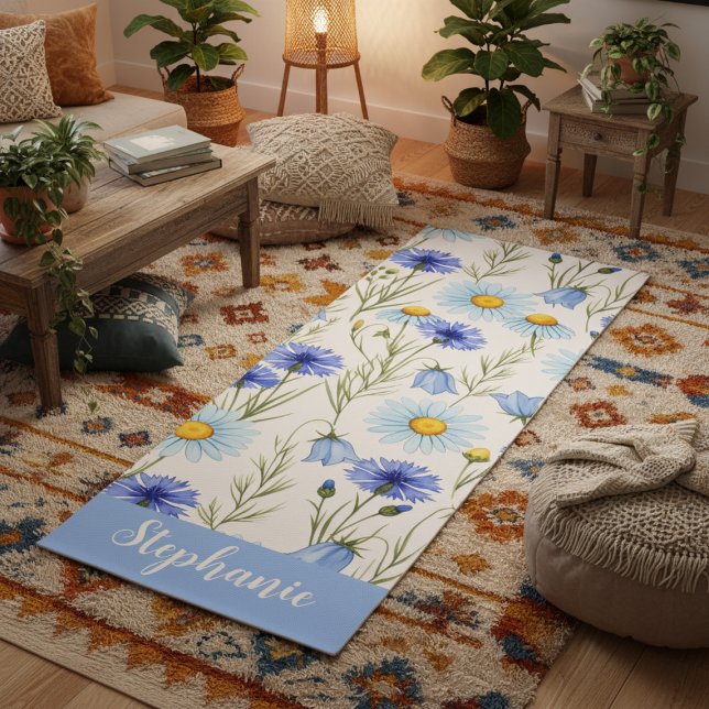 Blue Watercolor Wildflower Monogram Name Yoga Mat (Creator Uploaded)