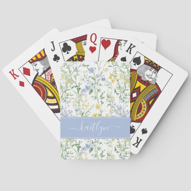 Blue Watercolor Wildflower Monogram Poker Cards (Back)