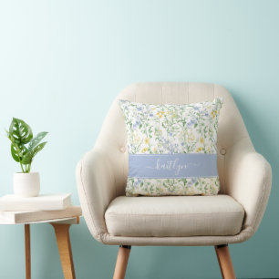 Blue Watercolor Wildflower Monogram Throw Pillow