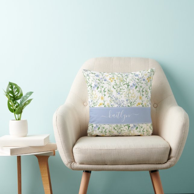 Blue Watercolor Wildflower Monogram Throw Pillow (Chair)