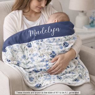 Blue Watercolor Wildflower Name Baby Blanket