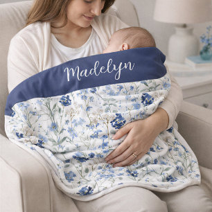 Blue Watercolor Wildflower Name Baby Blanket