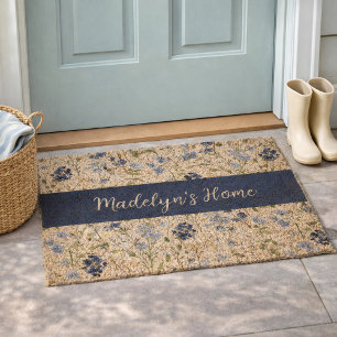 Blue Watercolor Wildflower Name Fiber Doormat