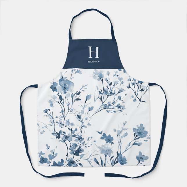 Blue Watercolor Wildflower Name Monogram Apron (Front)