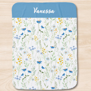 Blue Watercolor Wildflower Name Monogram Baby Blanket