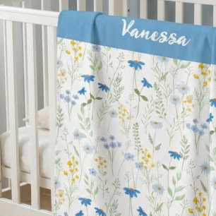 Blue Watercolor Wildflower Name Monogram Baby Blanket