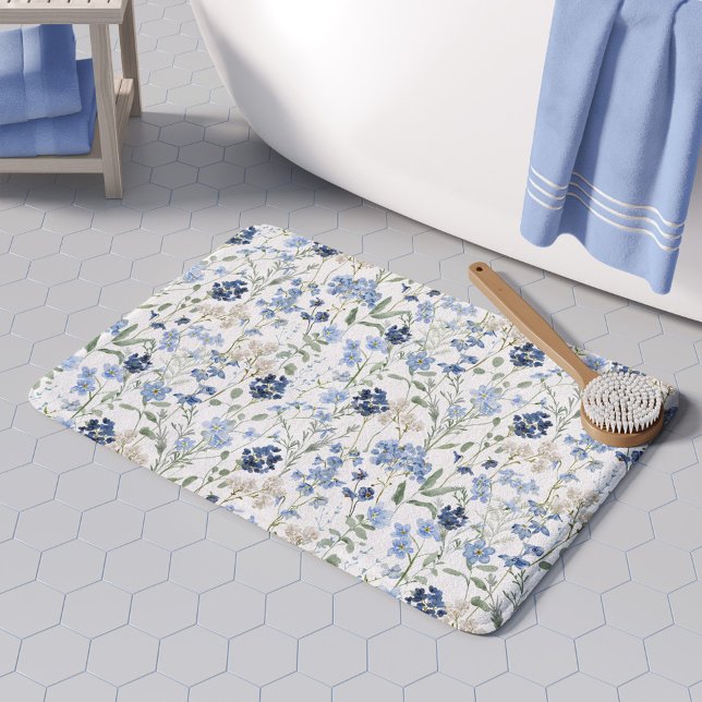 Blue Watercolor Wildflower Pattern Bath Mat (Creator Uploaded)