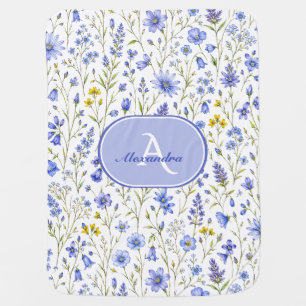 Blue Watercolor Wildflower Pattern Custom Name Baby Blanket
