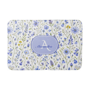 Blue Watercolor Wildflower Pattern Custom Name Bath Mat