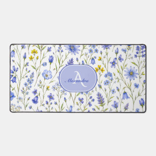 Blue Watercolor Wildflower Pattern Custom Name Desk Mat