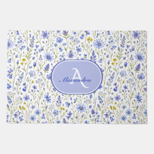 Blue Watercolor Wildflower Pattern Custom Name Doormat