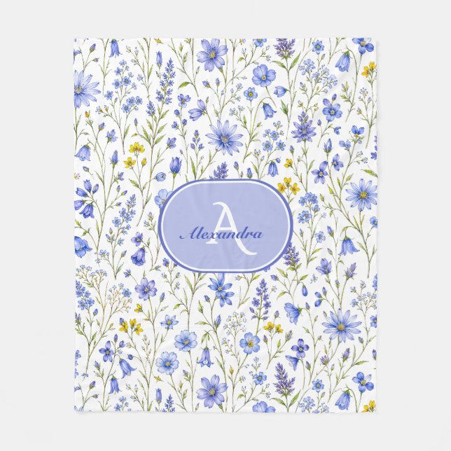 Blue Watercolor Wildflower Pattern Custom Name Fleece Blanket (Front)