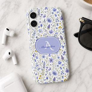 Blue Watercolor Wildflower Pattern Custom Name iPhone 17 Case
