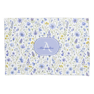 Blue Watercolor Wildflower Pattern Custom Name Pillow Case