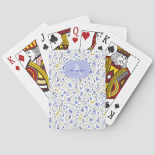 Blue Watercolor Wildflower Pattern Custom Name Poker Cards